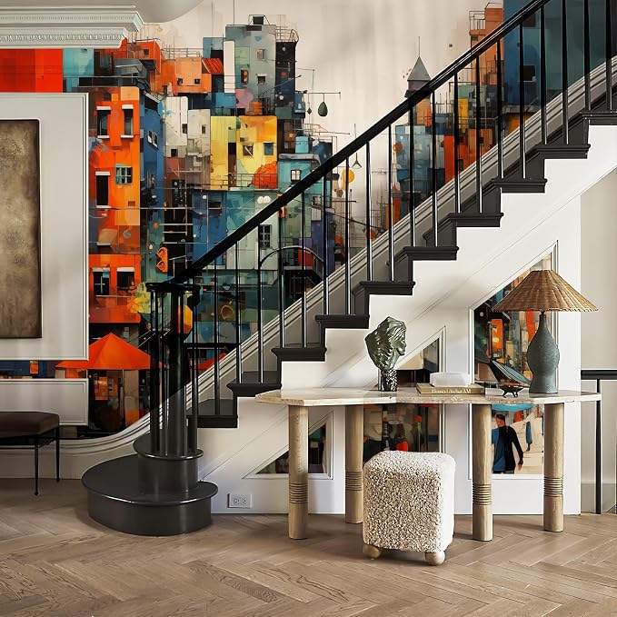 Zeeko Colorful Modern City Wall Murals 3D Peel and Stick 148" W x 98" H | Hand Painted City Wallpaper Removable Graffiti Wall Paintings People Building Abstract Wall Decor for Bedroom Bathroom Office - Image 5