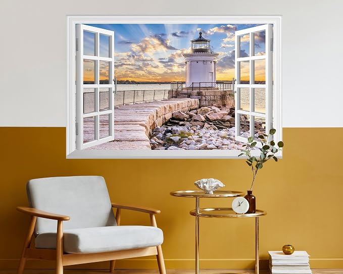 FLFK Fake Window Wall Mural - Shoreline Lighthouse Faux Window Wall Sticker, Stick and Peel Wall Decals, 48"x32", Set of 2 Sheets - Image 6