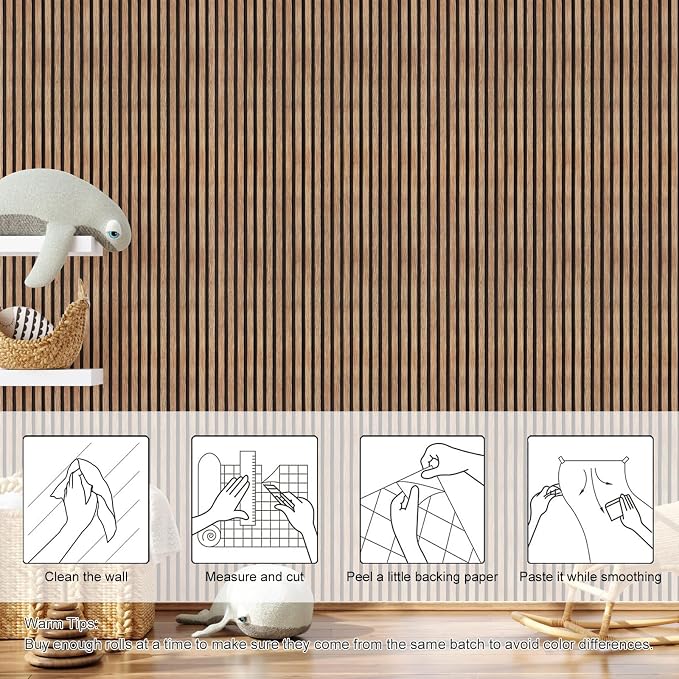 Yun-aeon Natural Wood Peel and Stick Wallpaper Wood Slats - 17.3"x 120" Tan Self-Adhesive Waterproof Vinyl Removable Wall Paper for Wall Decor Bedroom | 17.3"x 120" Self-Adhesive Waterproof Vinyl Removable Wall Paper for Wall Decor Bedroom - Image 9