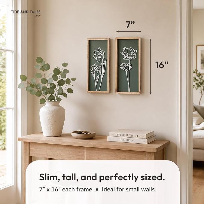 Tide and Tales Floral 3D Green Wall Art, Botanical Wall Decor, Set of 2 | 7" x 16", Lightweight, Framed Ready-to-Hang, Bathroom Wall Decor, Bedroom, Living Room or Office, Boho, Farmhouse, Gift-Boxed - Image 3