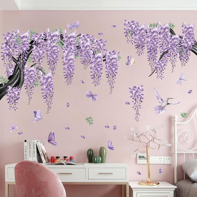 Amaonm 65x42 Inch Large Watercolor Black Tree Branch Wall Decals Peel & Stick Wall Stickers with Purple Flowers Vines, Butterflies & Birds, DIY Removable Wall Art for Living Room, Nursery Decor - Image 7
