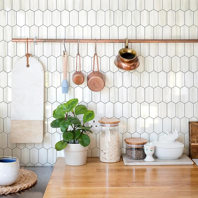 Vamos Tile Long Hexagon Peel and Stick Backsplash Tile - 10 Sheets Stick on Backsplash for Kitchen and Bathroom 12.4 x 12 Inch Glossy Dolomite White PVC Self Adhesive Mosaic Wall Tiles - Image 5