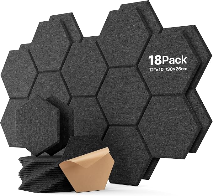 Soundsbay Hexagon Acoustic Panels, Self-Adhesive 18 Pack Sound Panels | 150kg/m³ High-Density Polyester, Covers 15 sq ft Soundproof Wall Panels for Walls, Office, Ceiling 12" X 10" Black by Soundsbay