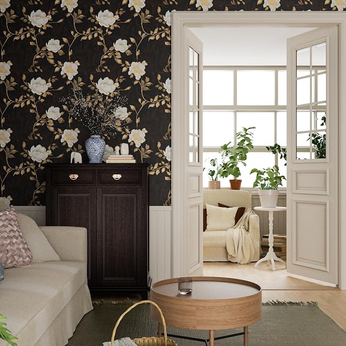 Laatse Vintage Dark Black Golden Floral Wallpaper Peel and Stick 17.5"x118" | Self Adhesive/Removable/Waterproof/Thick Vinyl Contact Paper for Bathroom Bedroom Shelf Cabinet Drawer,Prepasted,Easy Peel - Image 3