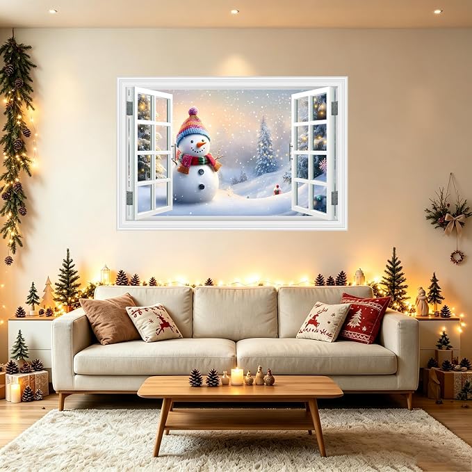Fake Window Wall Decal - Merry Christmas Snowman Conifer Snow Scene Sticker | ｜Faux Window Merry Christmas Wall Art Mural ｜ Stick and Peel Wall Decals｜for Xmas Room Bedroom Office Picture Decor｜24"x16" - Image 2