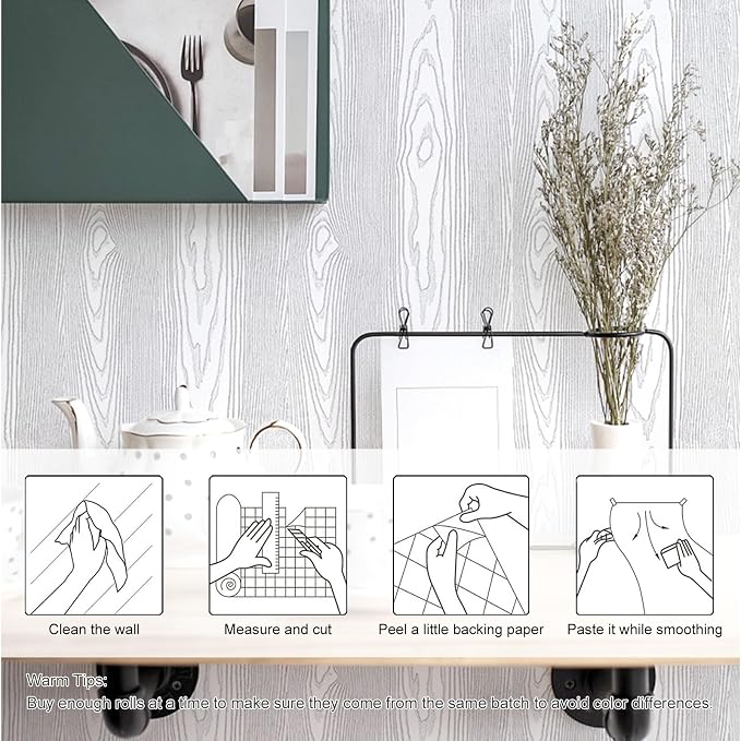Yun-aeon White and Silver Wood Contact Paper 17.3"x200" Rustic Wooden Peel and Stick Wallpaper Removable Self-Adhesive Wallpaper Wood Grain Contact Paper for Countertops Cabinets - Image 3