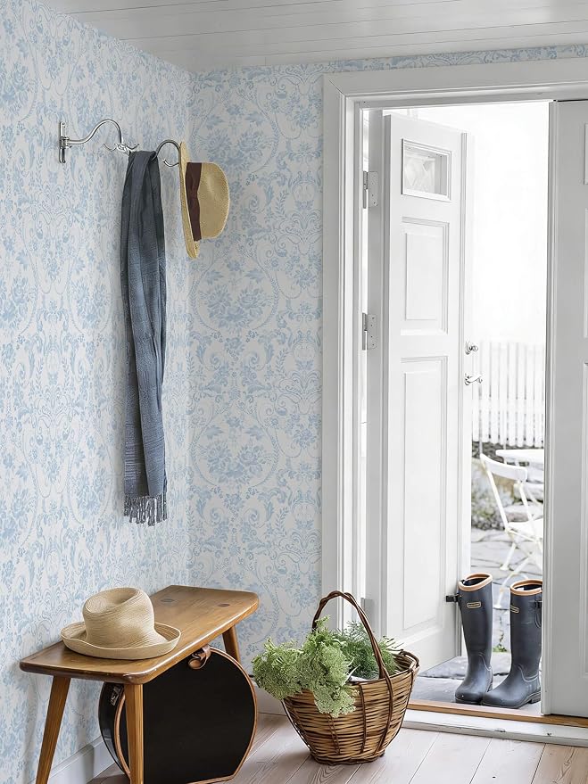 Peel and Stick Wallpaper for Bedroom Blue and White Damask Waterproof | 78.7"×17.3" Blue Modern Damask Watercolor Wallpaper Vintage Accent Wall Decor with Grid Lines for Bathroom Self-adhesive - Image 8