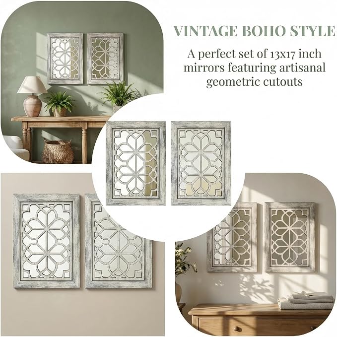 Set of 2 13x17 Inch Rectangular Shatterproof Decorative Wall Mirrors, Boho Farmhouse Rustic Vintage Grey Accent Mirrors for Living Room, Bedroom, Entryway & Home Wall Decor（Grey） - Image 4