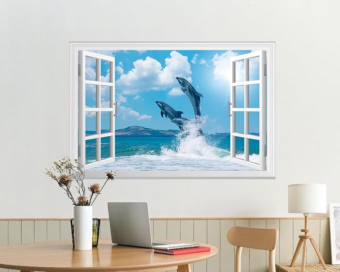 FLFK Fake Window Wall Mural - Ocean Dolphins Faux Window Wall Sticker for Wall Decor, Stick and Peel Wall Decals,48"x32",Set of 2 Sheets - Image 4
