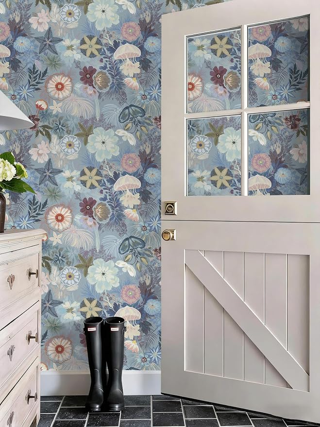 Ismoon Floral Peel and Stick Wallpaper Vintage Blue Contact Paper Jellyfish Ocean Stick on Wall Paper Removable Self Adhesive Vinyl Wallpaper for Bedroom Wall Decor Cabinet Refurbishment 17.3x393in - Image 9