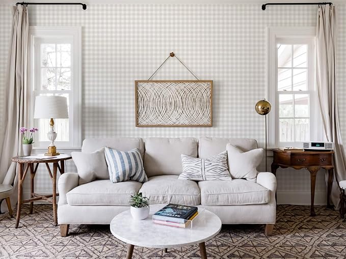 Heroad Plaid Peel and Stick Wallpaper Neutral Checkered Contact Paper Boho Beige Wall Paper Modern Removable Wallpaper for Bedroom Kitchen Cabinets Farmhouse Self Adhesive Decor Vinyl 17.3"x78.7" - Image 6