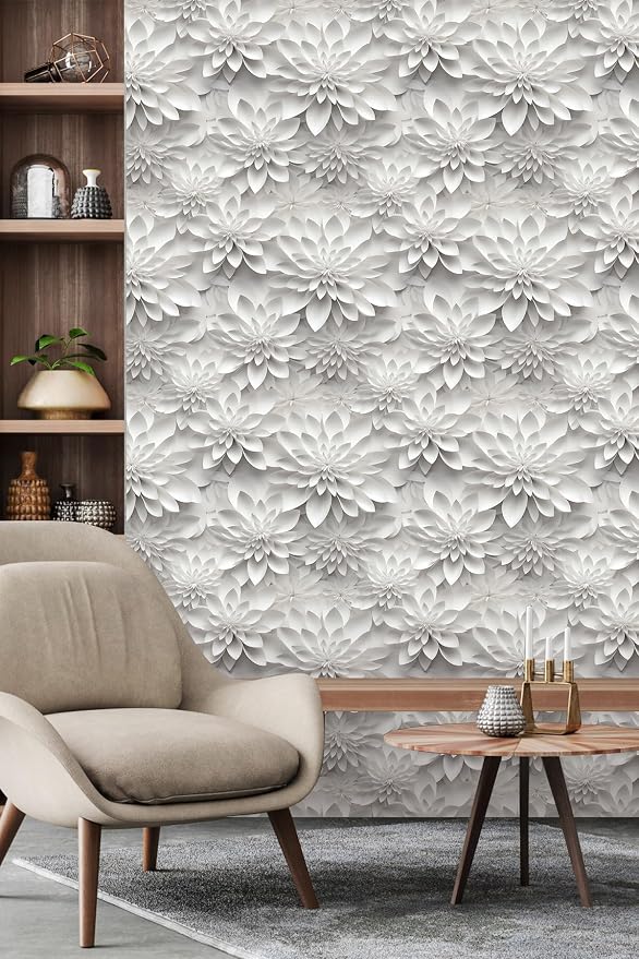 Peel and Stick Wallpaper White Gray Lotus Floral Feature by WEISENI