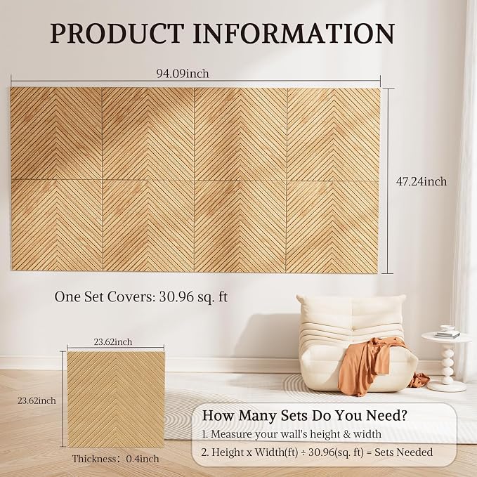 Acoustic Wall Panels, 8 Piece 23.62" X 23.62" Peel and Stick Wall Panels | High-Density Polyester Fiber Self Adhesive Soundproofing for Interior Wall Décor, Timber Vee Herringbone - Image 2