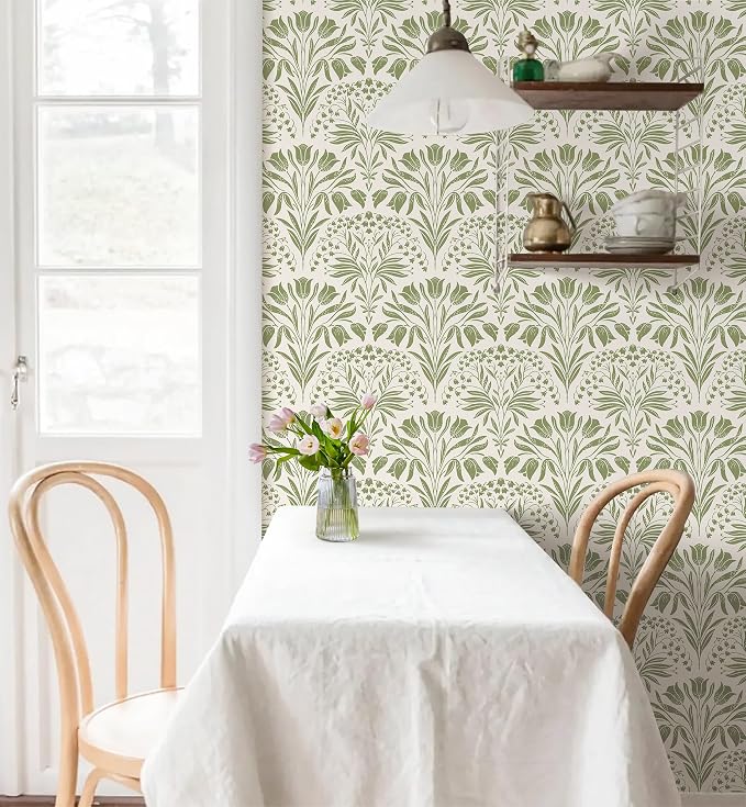 Green Tulip Floral Peel and Stick Wallpaper Retro Green Contact Paper | 17.3in X 118in Vintage Tulip Flowers Self Adhesive Wallpaper Boho Botanical Removable Wallpaper for Livingroom Decor - Image 3