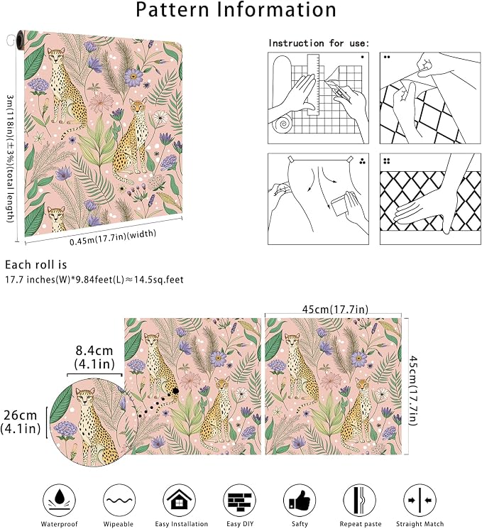 Floralplus Pink Leopard Wallpaper Floral Peel and Stick Wallpaper | Renter Friendly Removable Jungle Animal Wallpapers for Bedroom Stick On Floral Contact Paper for Nursery 17.5 x 118 in - Image 8