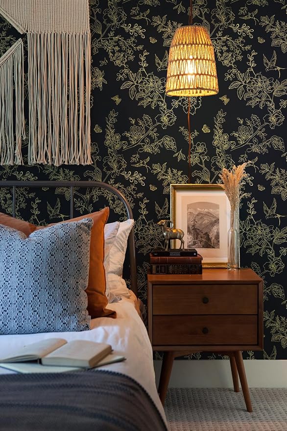 Froluya Black Gold Floral Wallpaper Peel and Stick Wallpaper 17.7in×196.8in | Dark Floral Contact Paper Peel and Stick Vintage Boho Birds Removable Self Adhesive Wallpaper for Bathroom Cabinets Vinyl - Image 9