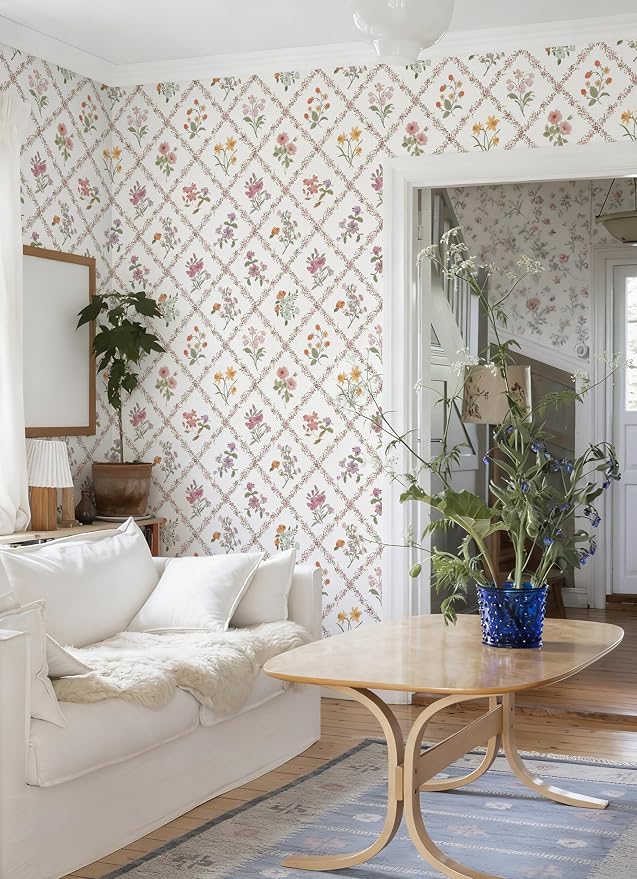 16.9in x118in Red Floral Peel and Stick Wallpaper Watercolor Floral Leaf | Boho Self Adhesive Wallpaper Modern Trellis Contact Paper DIY Removable Wallpaper for Bedroom Cabinets Drawers Decor Vinyl - Image 6