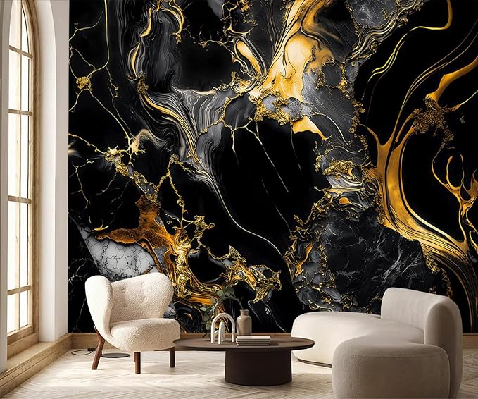 PYFFYP-Abstract Black and Gold Marble Peel and Stick Wallpaper murals - Image 2