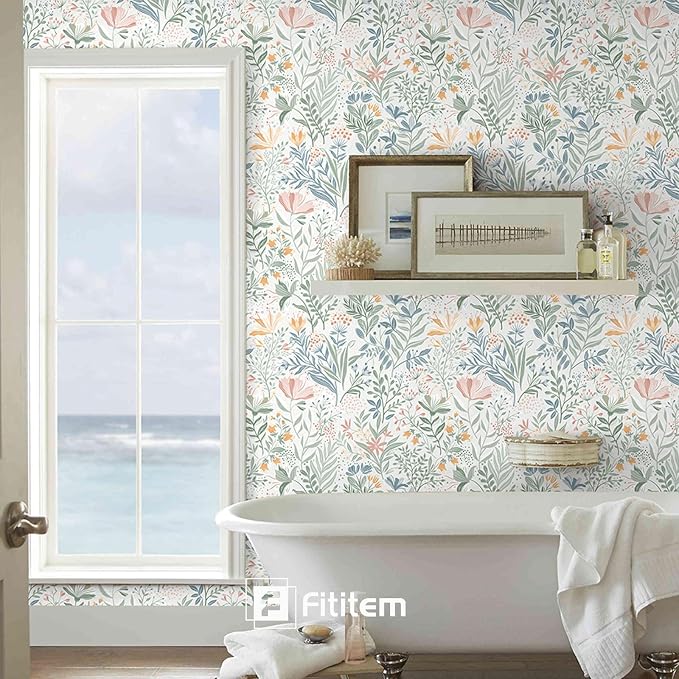 Fititem Floral Peel and Stick Wallpaper Boho Modern Wall Paper 17.3”×787” | Wildflower Self Adhesive Contact Paper for Cabinet Fun Nature Removable Waterproof Wallpaper for Bathroom Kids Bedroom Decor - Image 2
