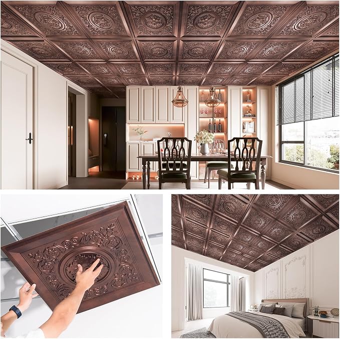 WOWSTAR 12-Pack 24"x24" 3D Drop Ceiling Tiles, Waterproof Glue up Ceiling Panels, Antique Copper | PVC ceiling panels, 24"x24", waterproof, glue-up install, basement kitchen bathroom, 12-pack - Image 5