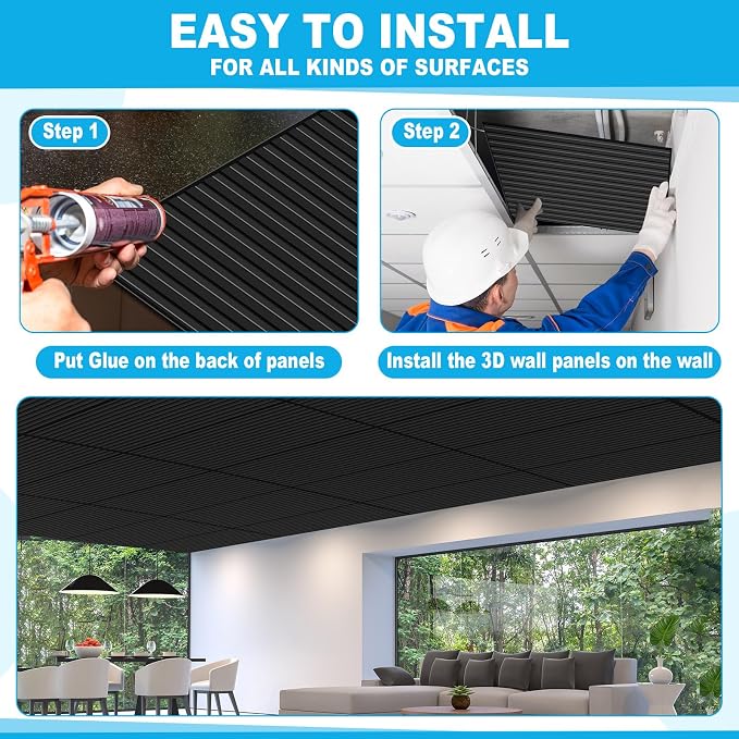 Nuanchu 18 Pack 4x2 FT 3D Slat Wall Panels Large PVC Fluted Panel Decorative Cuttable Glue up Drop Ceiling Tiles for Interior Wall Art Living Room Bedroom Bathroom TV Background Studio(Black) - Image 4