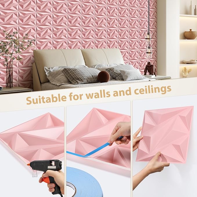 Heikki 30 Pack 3D Wall Panel for Interior Wall Décor, PVC Flower Textured Wall Panels for Living Room Bedroom Hotel Office, 11.8"x11.8", Double-Sided Tape (Pink-DJZ) - Image 3