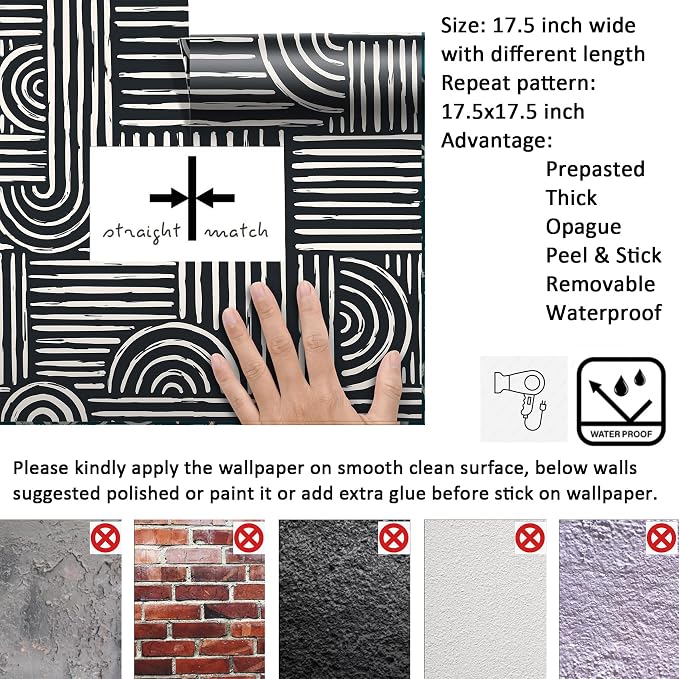 Livelynine 17.5x591 Black and White Wall Paper Peel and Stick Modern Geometric Wallpaper Removable Accent Wall Coverings Self Adhesive Mid Century Art Deco Abstract Contact Paper Waterproof Bathroom - Image 6