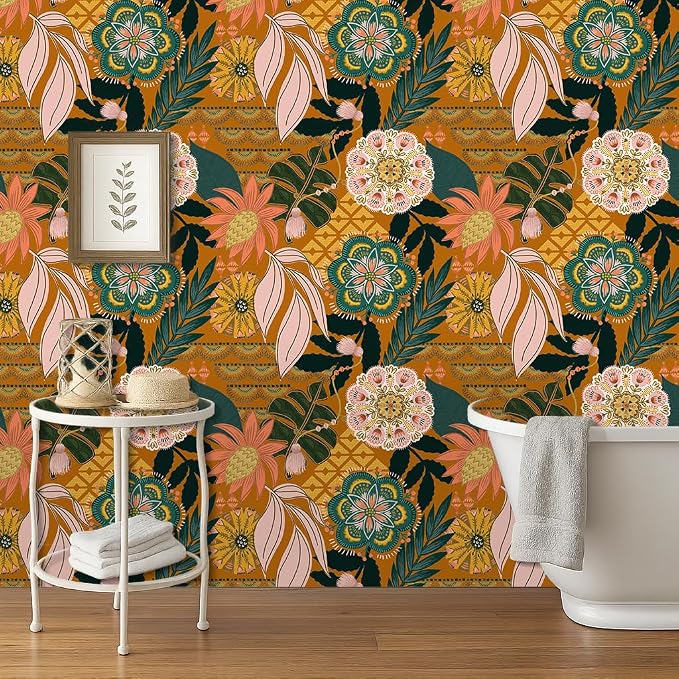 HAOKHOME Orange Wallpaper Peel and Stick Tropical Boho Floral for Bathroom | Textured Removable Waterproof Renter Friendly Wall Paper Vintage Terracotta Pink Green Botanical Bedroom 17.3in x 9.8ft - Image 2