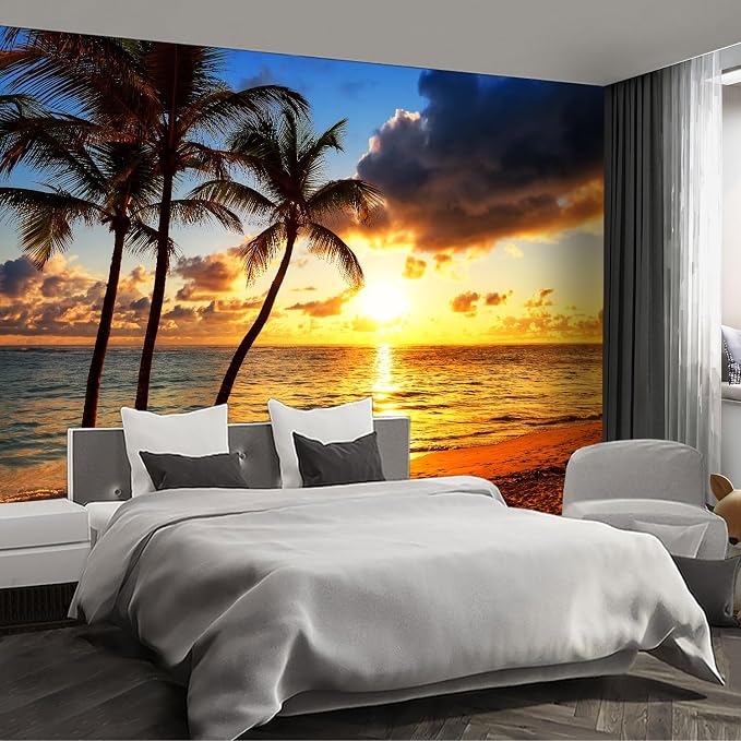 Beach Large wall murals at Dusk Peel and Stick self Adhesive Sunset Wallpaper for Bedroom Living Room - 96"x137" by Fightal