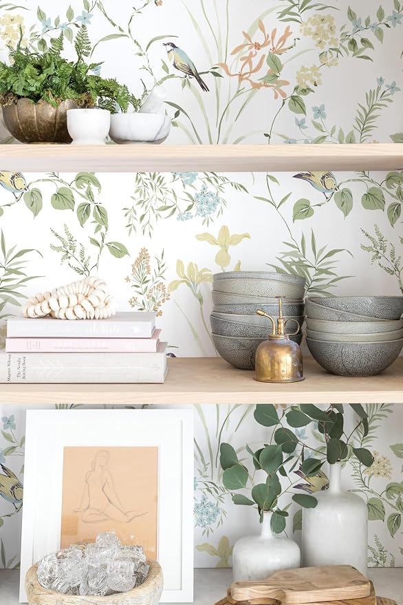 Erfoni Boho Floral Peel and Stick Wallpaper Green Floral Birds Wallpaper | 16.9" x118" DIY Self Adhesive Removable Wallpaper for Livingroom Cabinet Decor Modern Flower Leaf Contact Paper Vinyl Roll - Image 4