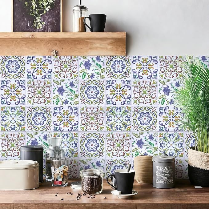 Wudnaye Blue Tile Peel and Stick Backsplash Wallpaper for Kitchen 17"×118" | Faux Tile Contact Paper Vintage Boho Self Adhesive Wallpaper Peel and Stick Tile Pattern Waterproof Removable Wall Paper - Image 2