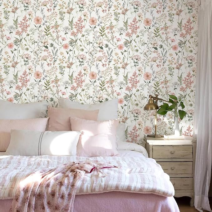 Orainege Pink Floral Peel and Stick Wallpaper Self Adhesive Wallpaper | 16.9inx196.8in Modern Wall Paper for Bedroom Bathroom Green Leaf Contact Paper for Cabinets Removable - Image 2
