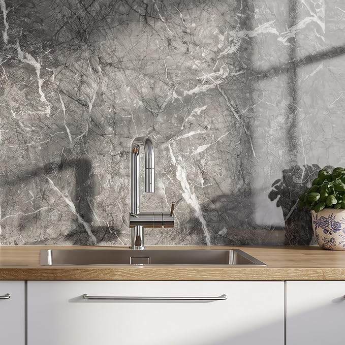 Marble Peel and Stick Waterproof Wall Paneling, 118" x 47" Bardiglio Grey Glossy Finish Self-Adhesive Backsplash Tile Vinyl Wall Panel for Kitchen Bathroom Wall Decor, Covers 38.75 Sq. Ft. - Image 7
