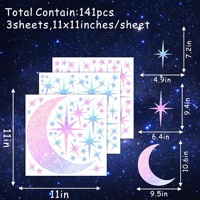Retro Star Wall Decals Sparkle Wall Decor Stickers Rainbow Stars Moon Decal | Rainbow star room decor, peel and stick, removable vinyl art murals wallpaper, for ceiling baby kids girl bedroom living room - Image 4