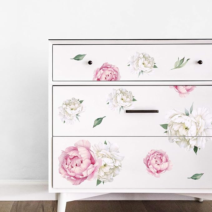 Peony Watercolor Wall Decals (Pink and White Watercolor) - Spring Decor Flowers Decals for Wall - Botanical Bedroom Sticker Girls - Floral Peonies Pink Botanical Stickers Bedroom Nursery w/test Sample - Image 4