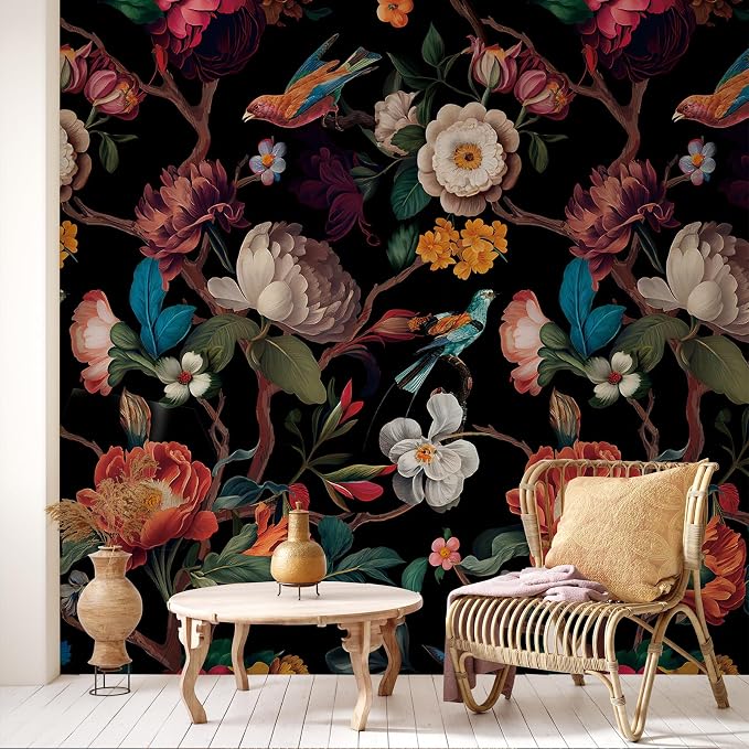Zeeko Vintage Black Floral Peel and Stick Wallpaper Mural, 98" x 59" | Large Flower Art Deco Wall Murals, Ideal for Bedroom TV Background Wall Paintings, Home Decor - Image 2