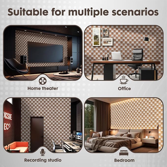 Acoustic Wood Slat Panels,23.6"x23.6",3D Concave Convex,4 Pcs | Fluted Wood Panel Sound Absorbing Panel for Bedroom, Office, Interior Decor, (15.5ft²), Black Walnut Wood+Silver Oak - Image 5