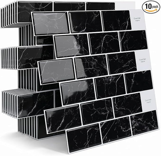Arttown Peel and Stick 3D Wall Backsplash, 10-Sheet, 12" × 12" Black | Subway Tile Self Adhesive Thicker Design Wall Tiles Panel Wallpaper for Kitchen Bathroom Balcony Rental Housing by Arttown