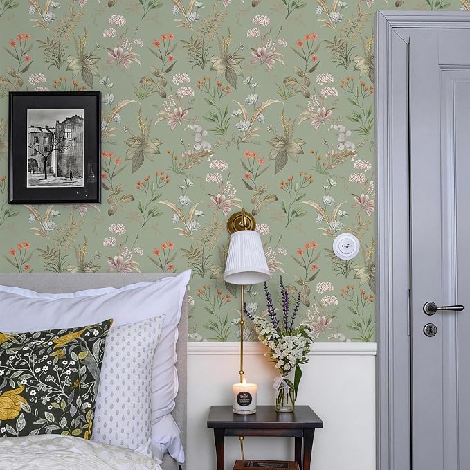 Simon&Siff Vintage Floral Peel and Stick Wallpaper 800" x 17.3" | Sage Green Botanical Contact Paper, Self Adhesive Removable Wall Paper, Renter Friendly, Bedroom Cabinets DIY Decor - Image 4