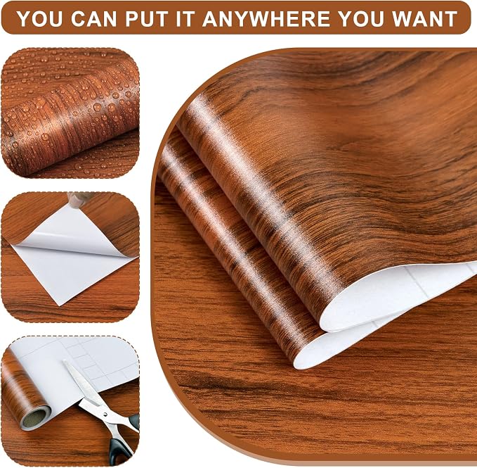 Wood Grain Contact Paper 17.3"x120" Cherry Wood Look Peel and Stick Wallpaper Vintage Removable Self Adhesive Vinyl Faux Wood Wallpaper for Cabinets Countertops Covering - Image 2