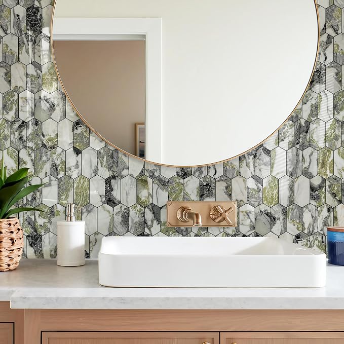 Vamos Tile Long Hexagon Peel and Stick Backsplash Tile - 10 Sheets Stick on Backsplash for Kitchen and Bathroom 12.4 x 12 Inch Glossy Ice Green PVC Self Adhesive Mosaic Wall Tiles - Image 6