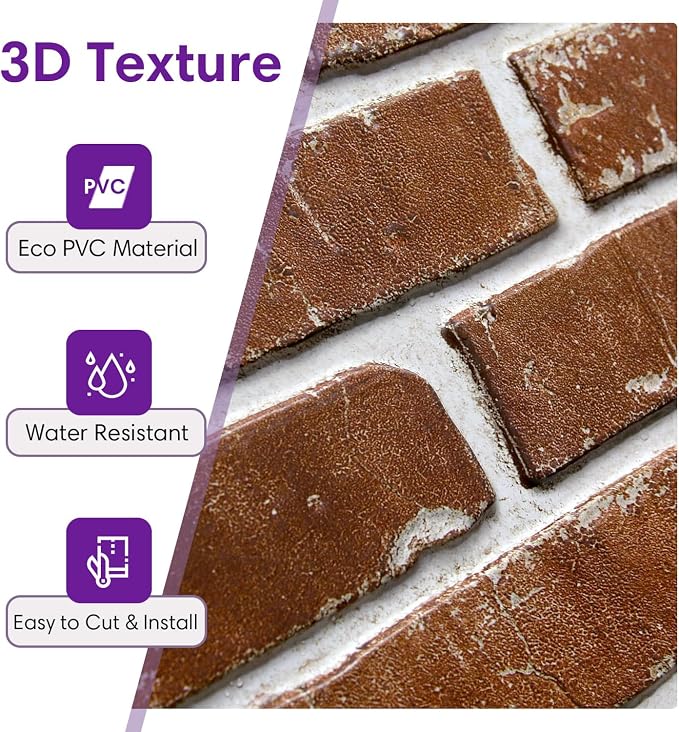 3D Peel and Stick Faux Brick Wall Panels 15.7" x 11.8" 10-Pack | Retro Brown, Brick-Look Textured Sticker, Thin Lightweight PVC Self Adhesive Wall Tiles for Interior Decor, Cover 12.9 sq ft - Image 3