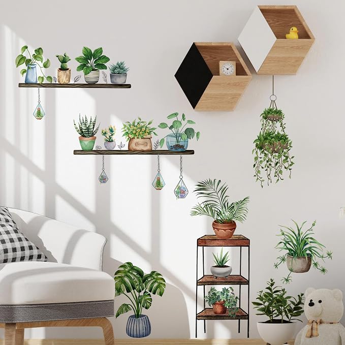 3D Hanging Potted Green Plant Shelf Wall Decals - Peel and Stick, Tropical Succulent and Floral Wall Stickers, Removable, Nature Wall Art Mural - for Living Room, Kitchen, Office, and Home Decor - Image 5