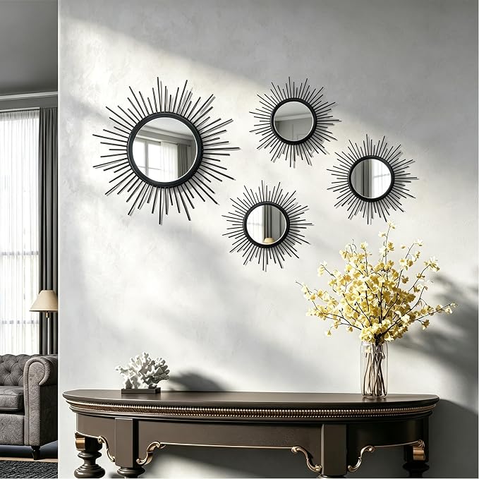4 Pieces Gold Sunburst Wall Mirror Set Modern Metal Circles for Home Decor by sxnzequnze