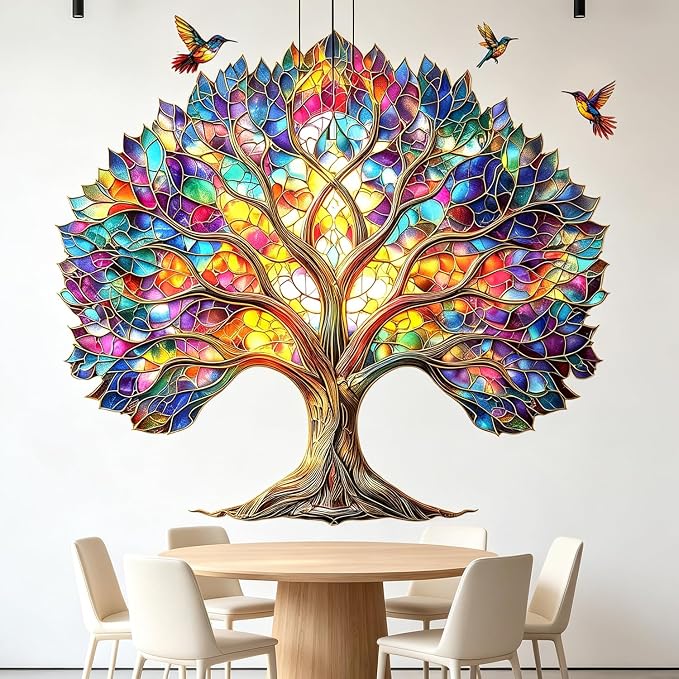 Stained Glass Tree of Life Birds Peel and Stick Wall Decals Decor Stickers | Vibrant colorful hummingbirds tree leaves roots removable vinyl wall art & murals for bedroom living room classroom office - Image 6