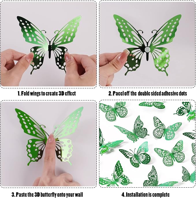 SAOROPEB 3D Butterfly Wall Decor 48 Pcs Dark Green Butterfly Decorations | 4 Styles 3 Sizes, Green Birthday Butterfly Party Decorations Butterfly Cake Decorations, Removable Stickers - Image 6