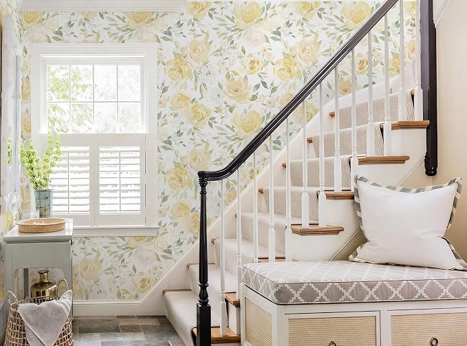 Ismoon Yellow Floral Peel Stick Wallpaper Boho Stick on Wallpaper | Watercolor Contact Paper for Cabinet Removable Self Adhesive Vinyl Wallpaper for Girl Bedroom Accent Wall Decor 17.3x196in - Image 5