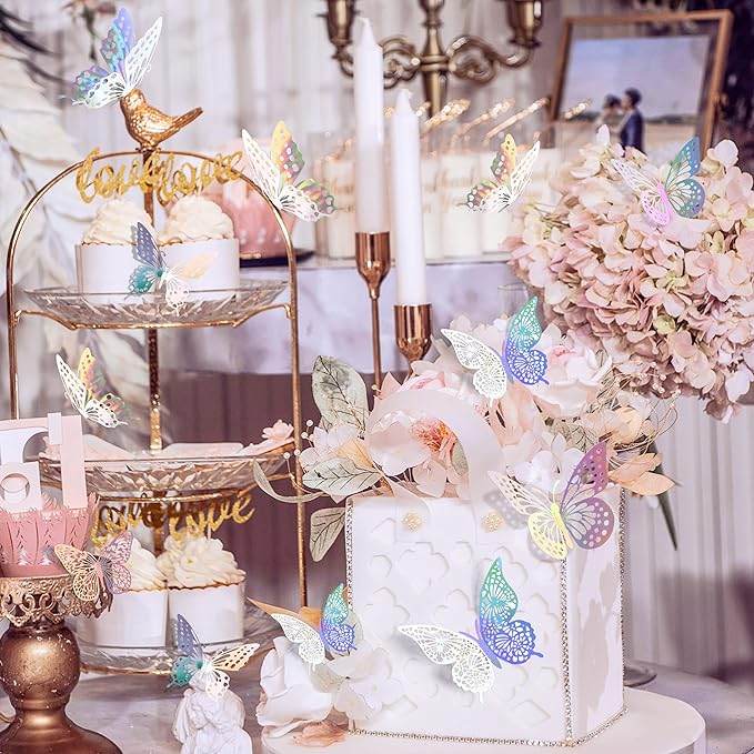 SAOROPEB 3D Butterfly Wall Decor 48 Pcs Laser Butterfly Birthday Decoration | 4 Styles 3 Sizes, Butterfly Party Decorations Cake Decorations, Removable Stickers - Image 3