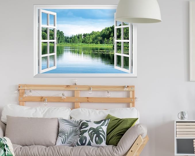 FLFK Fake Window Wall Sticker, Lake Forest Nature View Peel and Stick Mural, White Frame, Self-Adhesive Removable Decal, 48 x 32 Inches, Easy Peel and Stick, for Home, Office, Bedroom Decor - Image 4