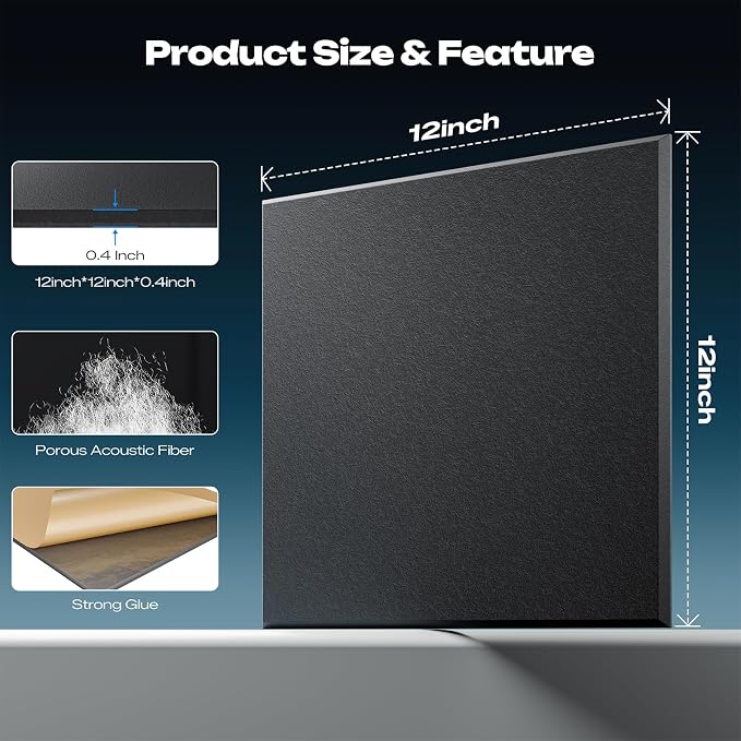 Sonicism 12 Pack Acoustic Wall Panels with Self-Adhesive, 12" X 12" X 0.4" Sound Proof Foam Panels, Decorative Soundproof Wall Panels, Sound Proof Absorbing Tiles for Home & Offices, Black - Image 4